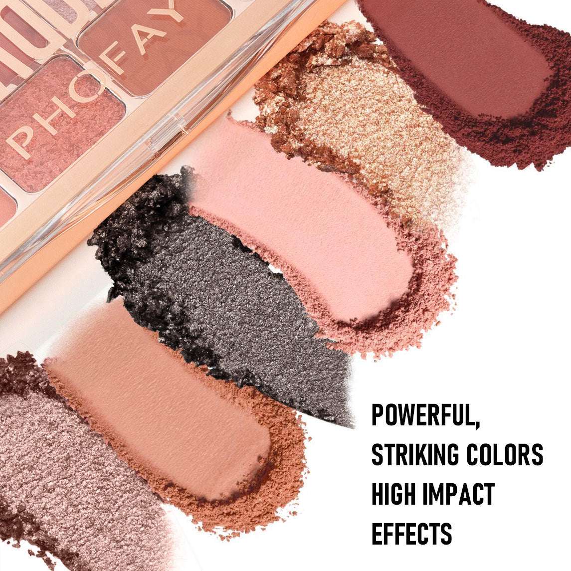 Makeup palette with various shades of eyeshadow and text 'Powerful, striking colors high impact effects'.