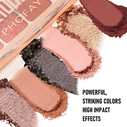 Makeup palette with various shades of eyeshadow and text 'Powerful, striking colors high impact effects'.