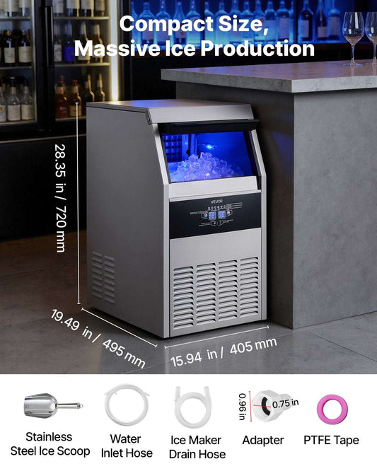 Commercial stainless steel ice maker with LED display showing fresh ice cubes in a professional kitchen environment.