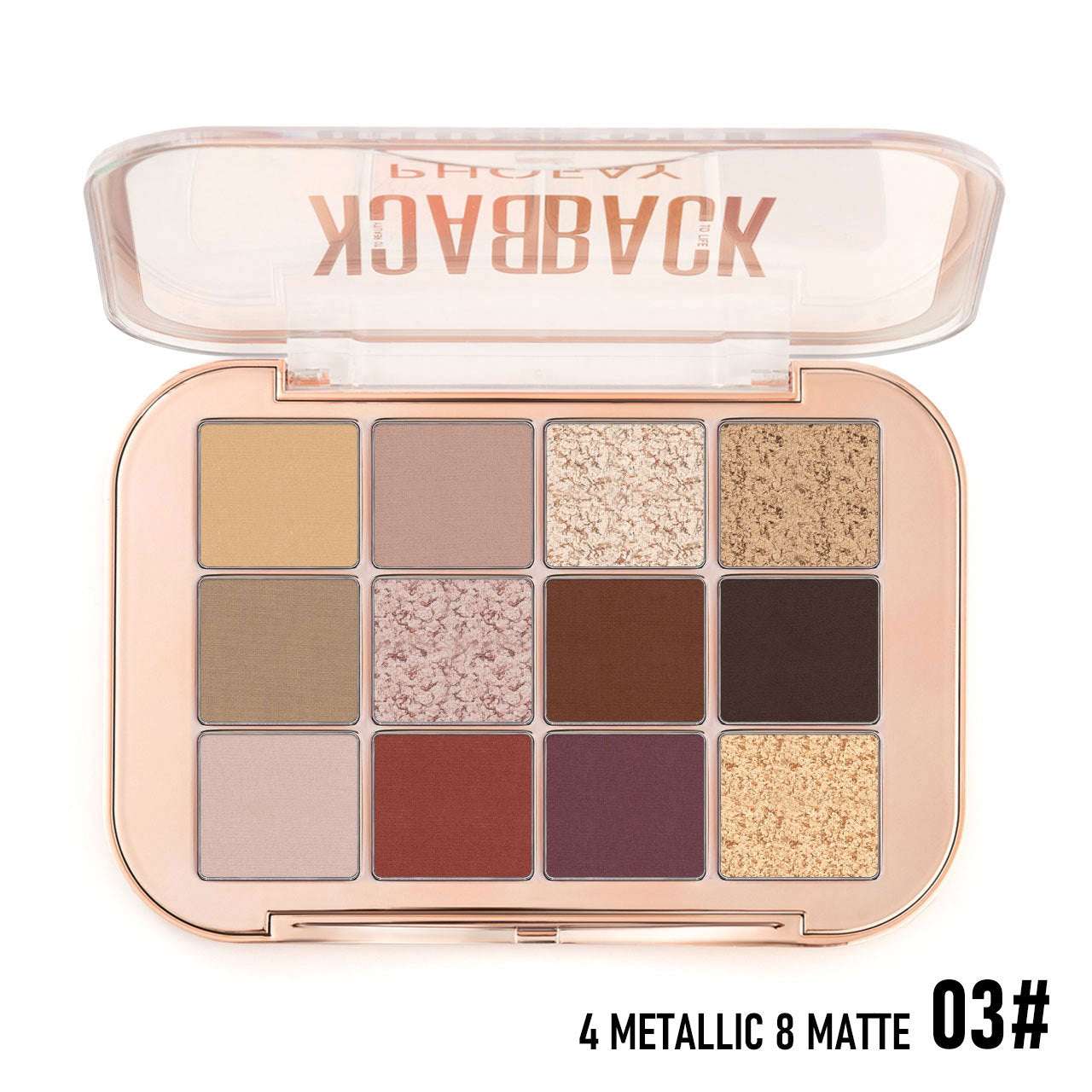 Makeup palette with various shades including metallic and matte finishes, branded 'Backstage'.