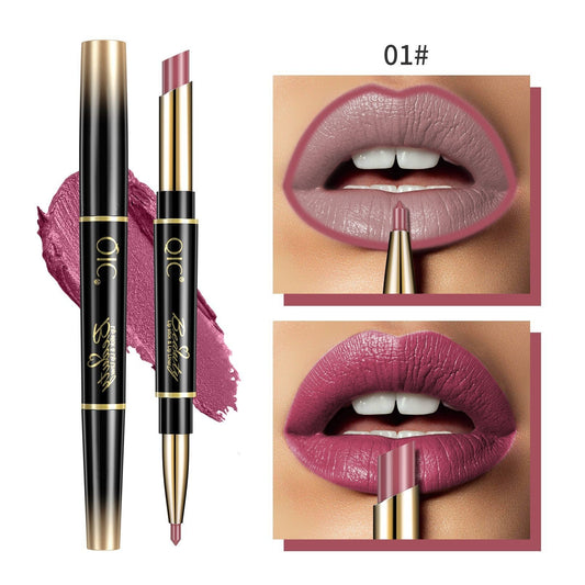 Lipstick with gold cap and black body, shown on a white background with close-up of lips wearing the lipstick.
