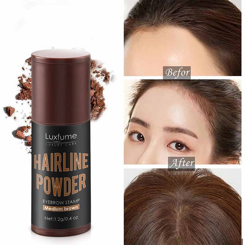 Luxfume hairline powder with 'Before' and 'After' effects on a person's hairline.