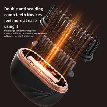 Hair dryer nozzle with glowing interior, text about anti-scalping comb teeth.