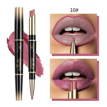 Lipstick with gold cap and black body, shown on a white background with close-up of lips wearing the shade.
