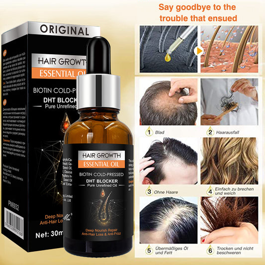 Hair growth essential oil with packaging and usage instructions on a beige background