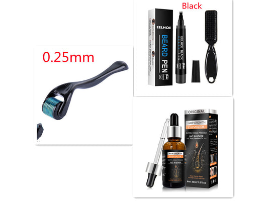 Collection of hair care products including a roller, pen, and serum with packaging on a white background.