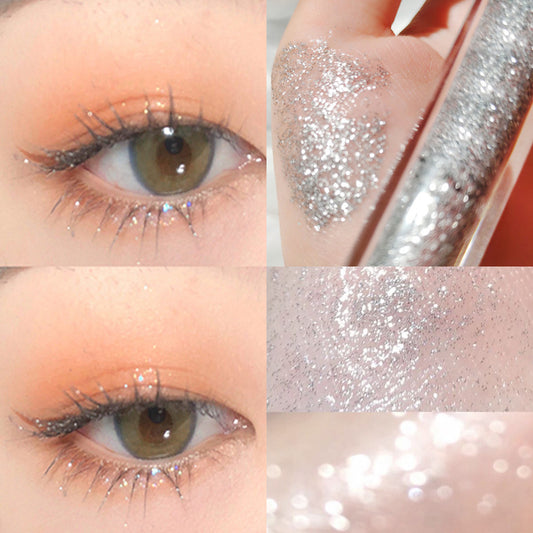 Collage of close-up shots of glittery makeup on eyes and skin.