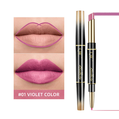 Lipstick with applicator and close-up of lips wearing the #01 Violet color on a white background