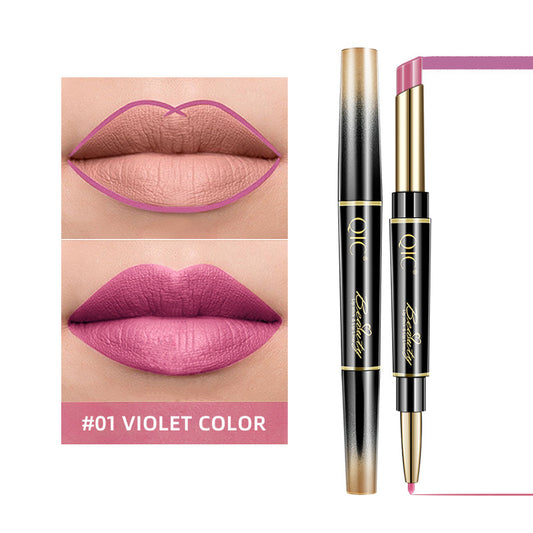 Lipstick with applicator and close-up of lips wearing the #01 Violet color on a white background