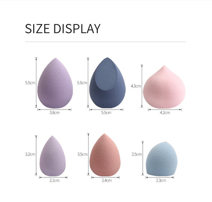 Size display of different shaped makeup sponges with measurements on a white background