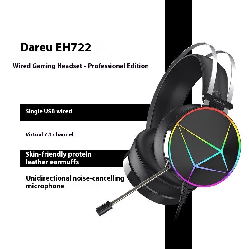 Dareu EH722 wired gaming headset with features listed on a white background