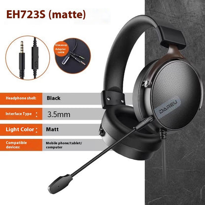 Black gaming headset with microphone on a gray background, featuring compatibility details.