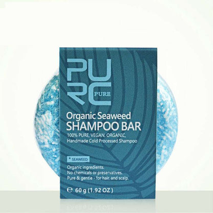 Organic seaweed shampoo bar with packaging on a white background