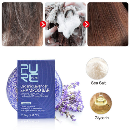 Collage of a PURC Organic Lavender Shampoo Bar with images of hair before and after use, sea salt, and glycerin.