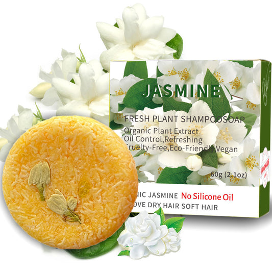Jasmine fresh plant shampoo soap with packaging on a white background