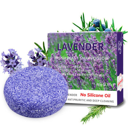 Lavender shampoo bar with packaging on a white background