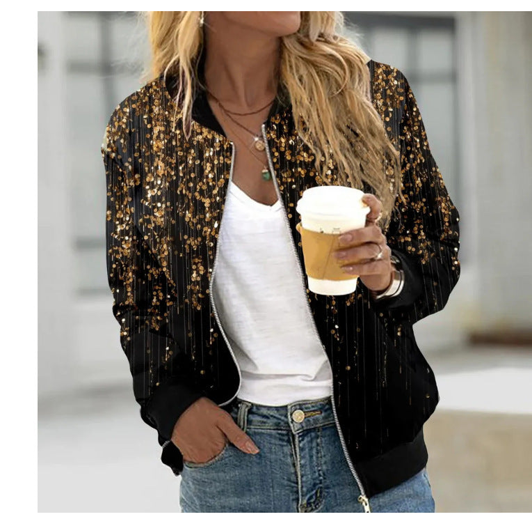 Person wearing a black and gold sequin jacket holding a coffee cup.