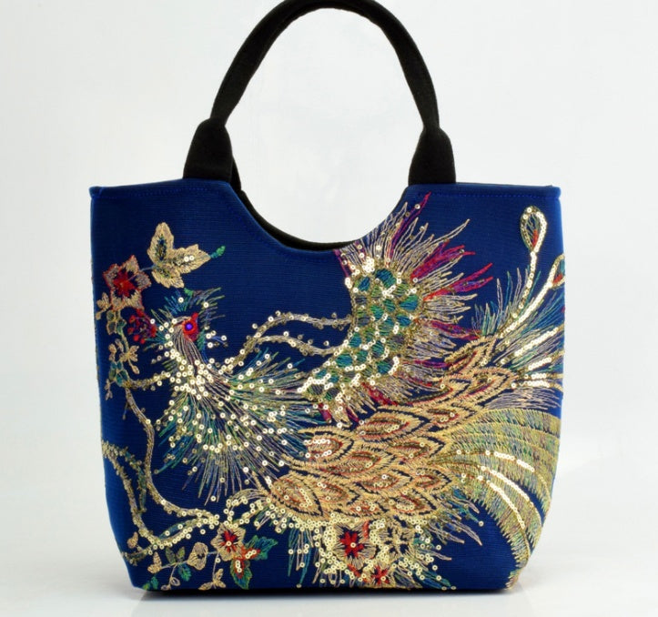 Peacock Embroidery Canvas Handbag – Artistic & Elegant Style Canvas peacock embroidery small handbag | Ectron Online