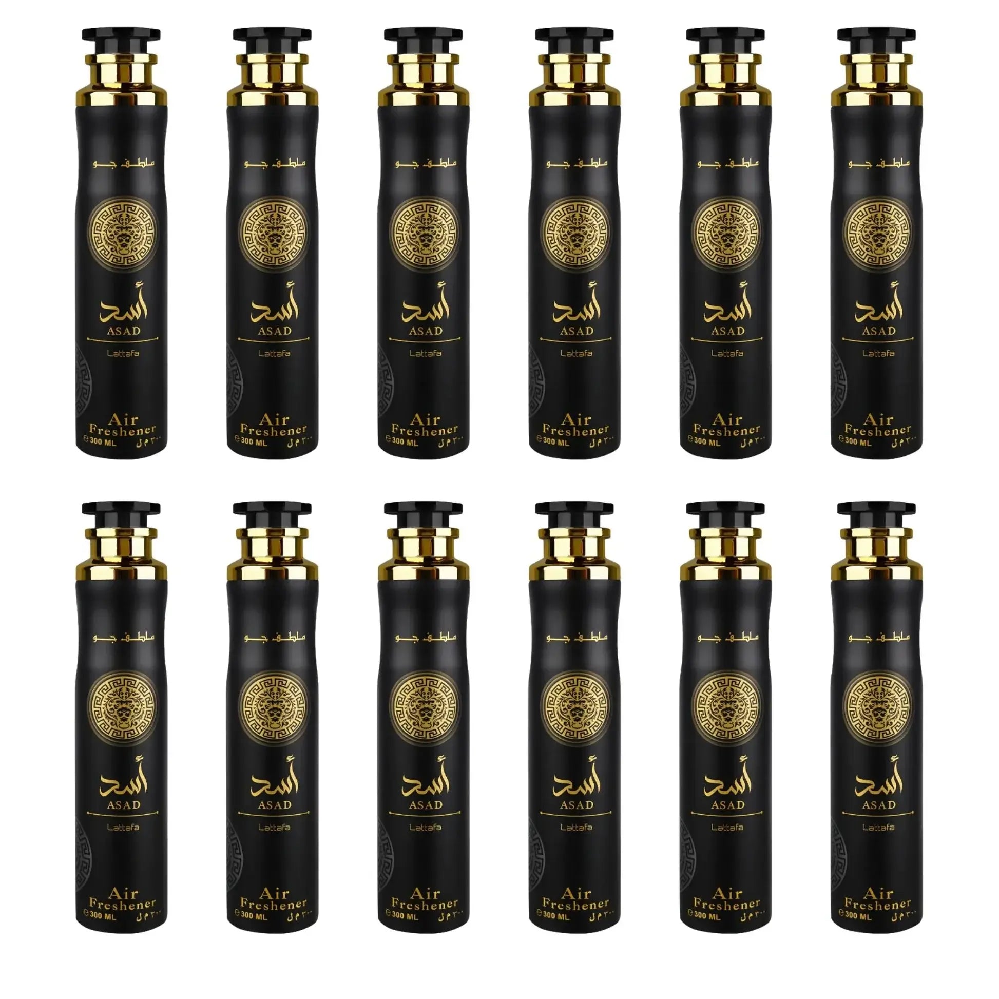 Asad air freshener 12-pack of dark bottles with gold accents and sprayer caps