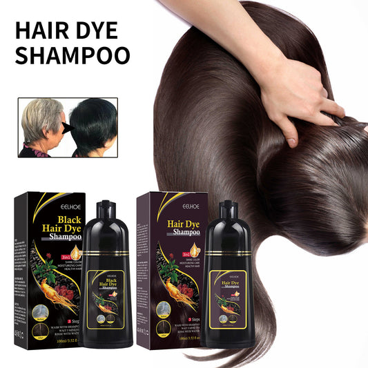 Hair dye shampoo packaging with a person applying hair dye.