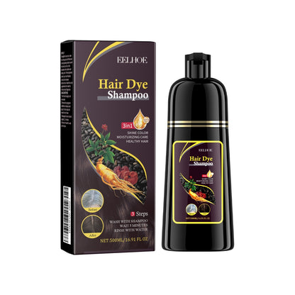 Hair dye shampoo packaging and bottle on a white background