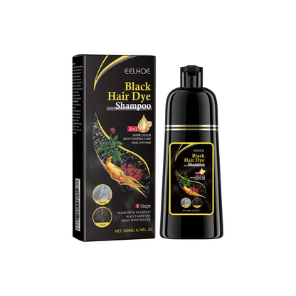 Black hair dye shampoo packaging with brand logo on a white background