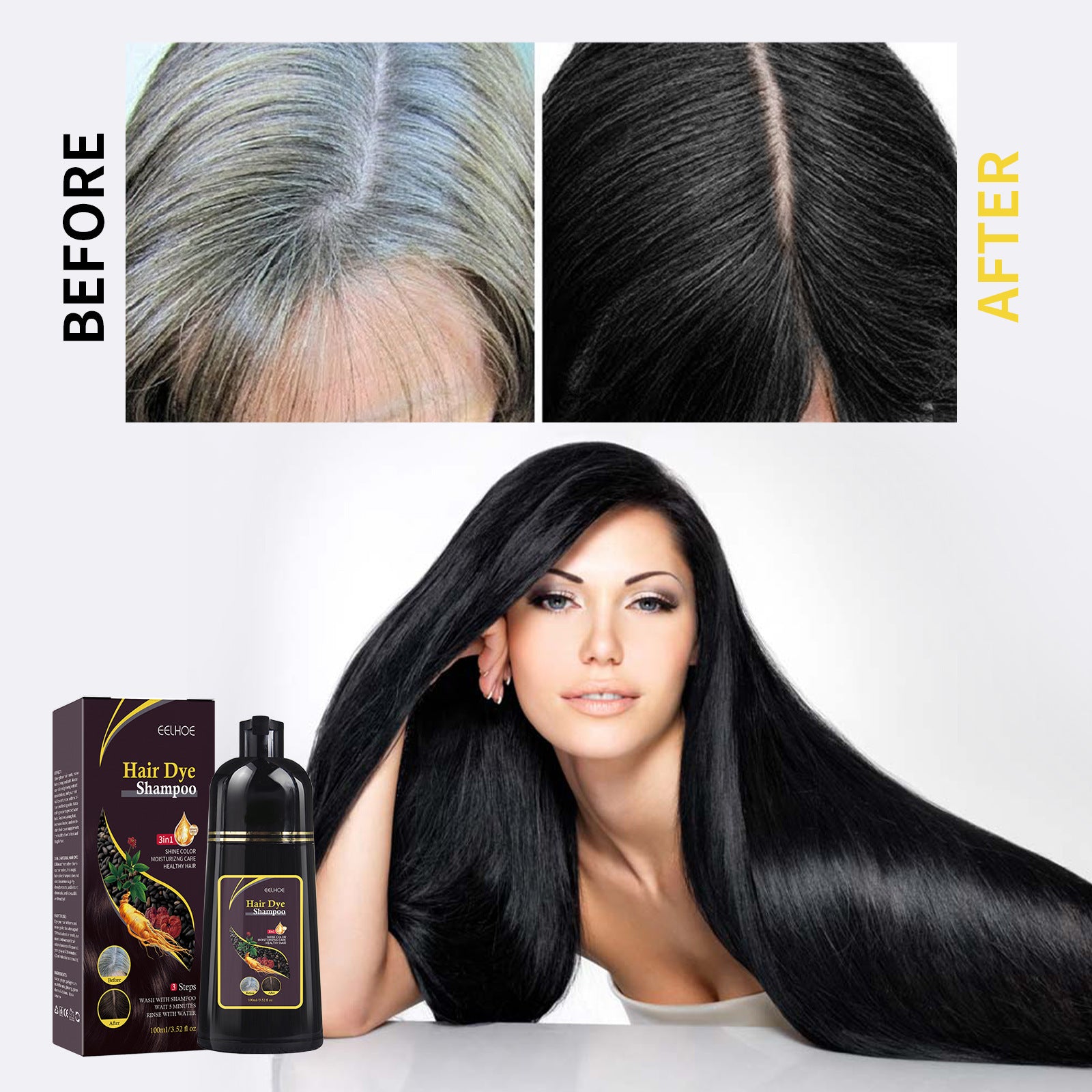 Before and after comparison of hair color with a woman displaying long black hair, hair dye shampoo, and box.