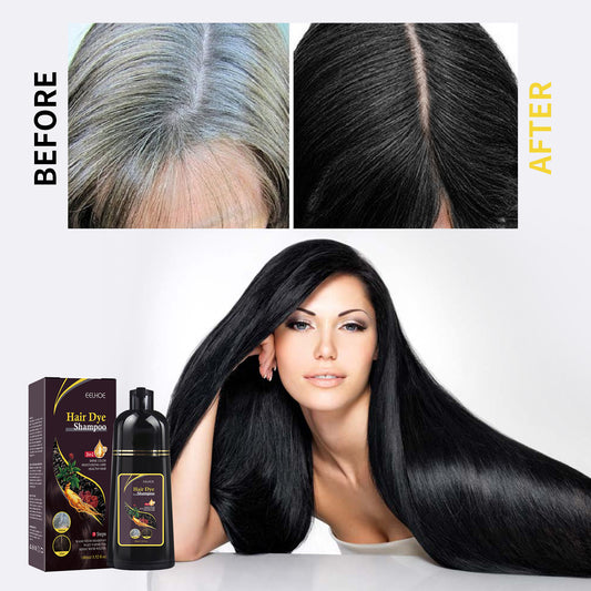 Before and after comparison of hair color with a woman displaying long black hair, hair dye shampoo, and box.