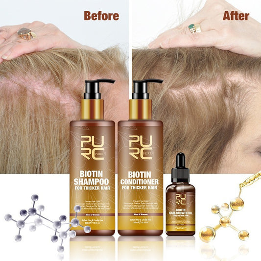 Before and after comparison of hair care products with 'PURE' branding.