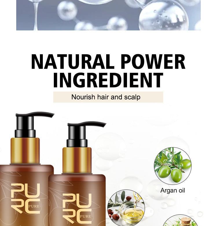 Hair care product bottles with 'PURE' branding and natural power ingredient text on a white background.
