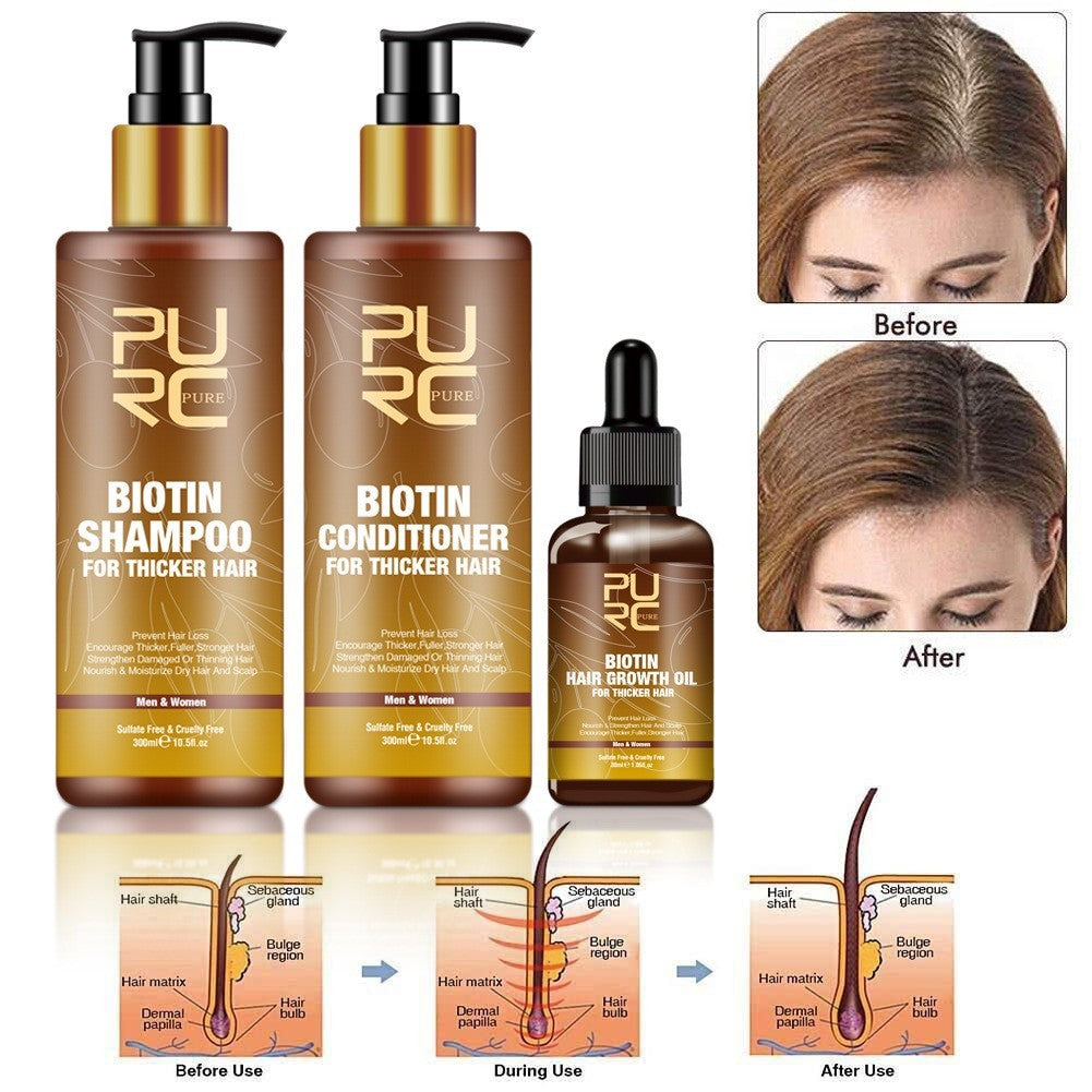 Hair care product set with shampoo, conditioner, and oil, featuring 'PURE' branding.