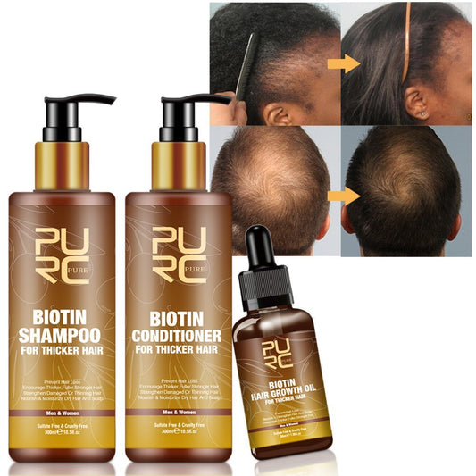 Biotin hair care product set with shampoo, conditioner, and oil on a white background.