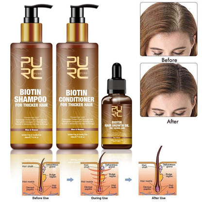 Hair care product set with shampoo, conditioner, and oil, featuring 'PURE' branding.