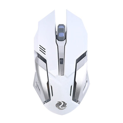 Wireless gaming mouse with blue LED lights, placed on a laptop, with a charging USB dongle beside it.