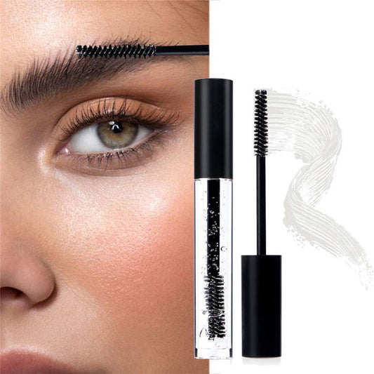 Mascara with applicator next to a close-up of an eye wearing mascara.