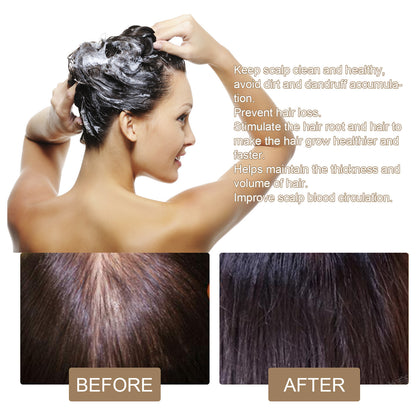 Woman washing her hair with text about hair care benefits on a white background.