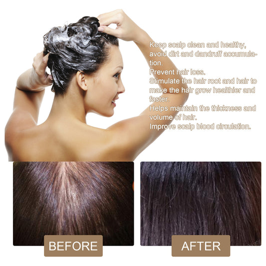 Woman washing her hair with text about hair care benefits on a white background.