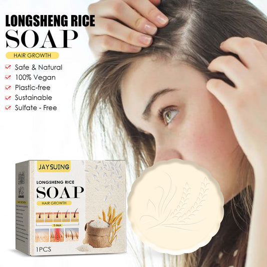Longsheng Rice Soap for hair growth with a woman touching her hair, product packaging, and soap bar.