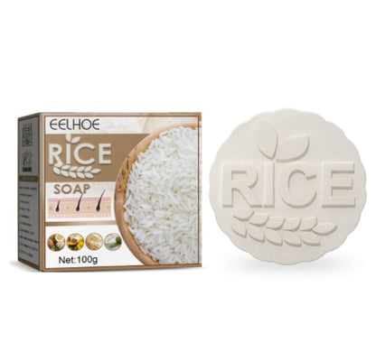 Rice soap with packaging on a white background
