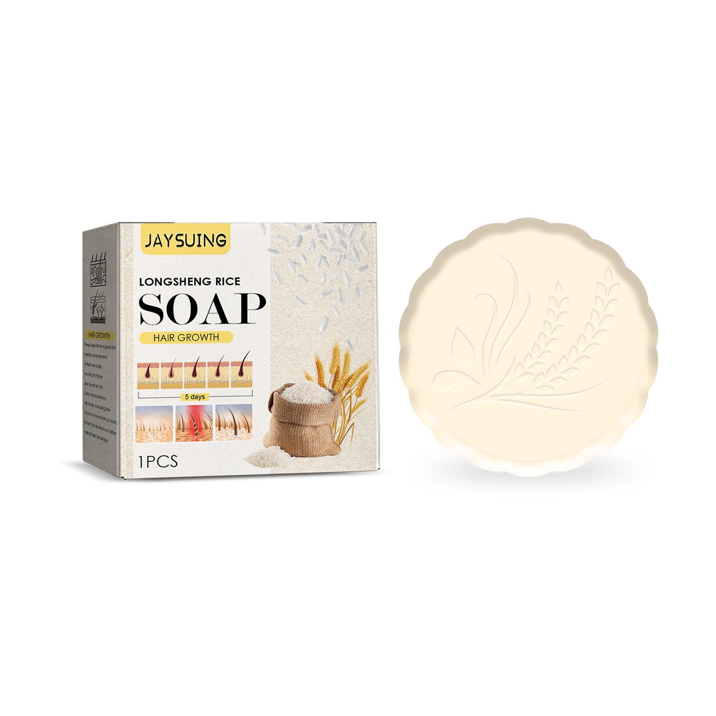 Jaysuing Longsheng Rice Soap with packaging on a white background