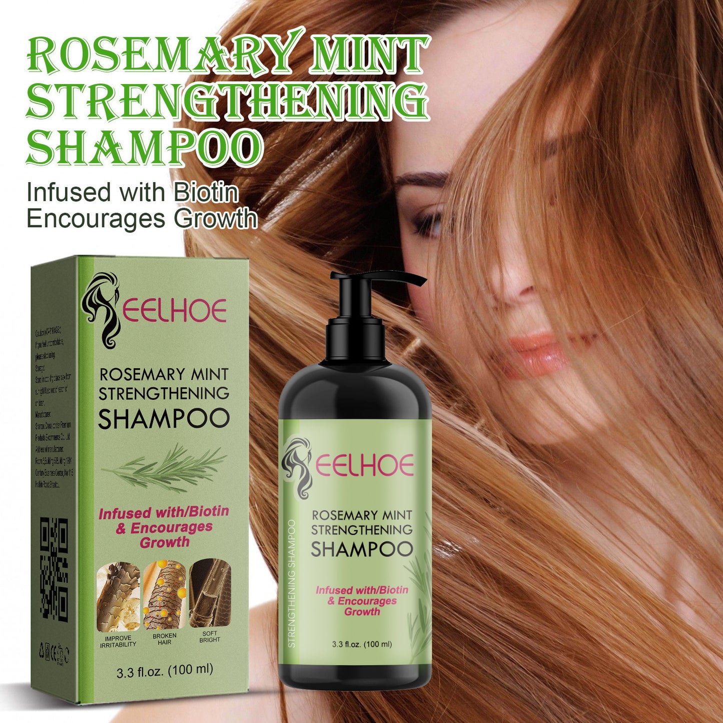 Eelhoe Rosemary Mint Strengthening Shampoo with packaging and a woman with long hair.