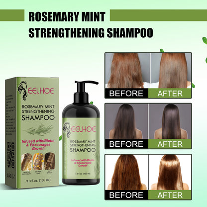 Eelhoe Rosemary Mint Strengthening Shampoo with packaging and before-and-after hair images on a green background.