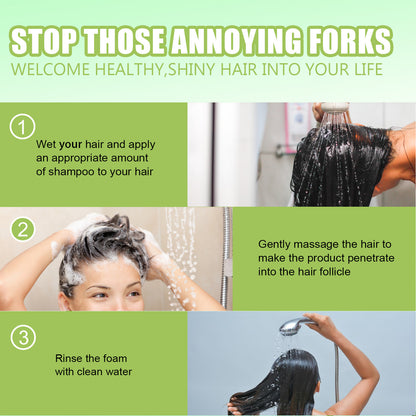 Hair care instructions with steps for washing hair, featuring a woman washing her hair and text on a green background.