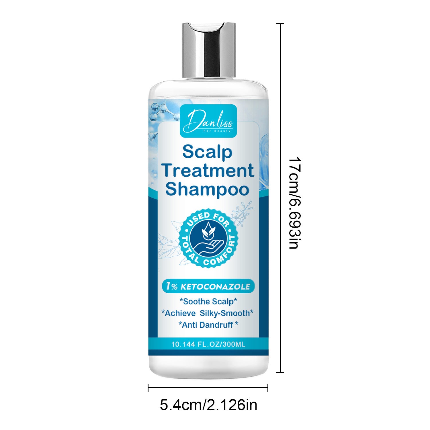 Danliss Scalp Treatment Shampoo bottle with dimensions on a white background
