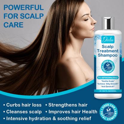 Woman with long hair next to a bottle of scalp treatment shampoo with product features listed.