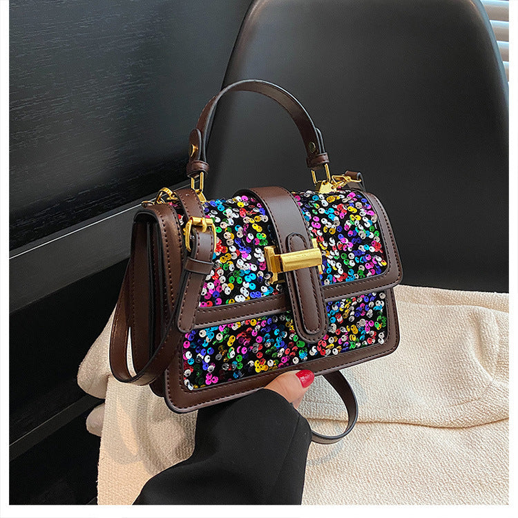 Multicolor sequined shoulder bag with flap, buckle closure, and dark brown strap