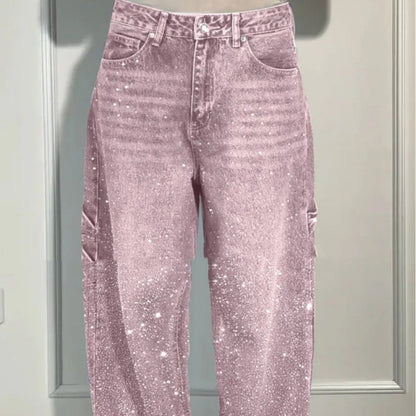 Pink glittery jeans on a light gray background