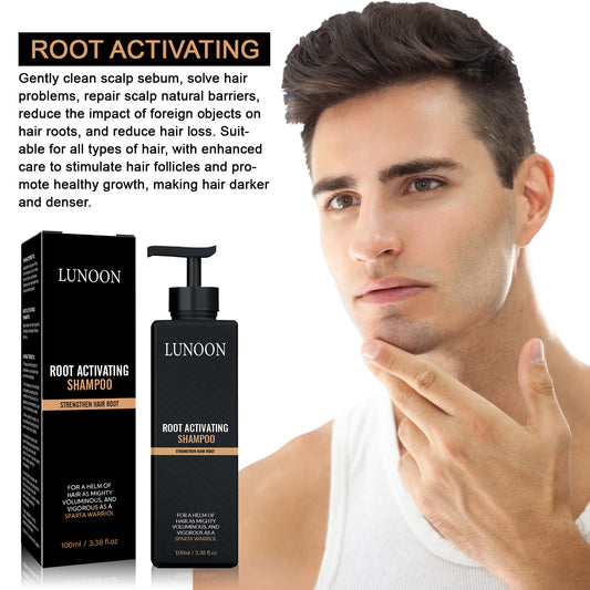 LUNOON Root Activating Shampoo with packaging and a man touching his face.