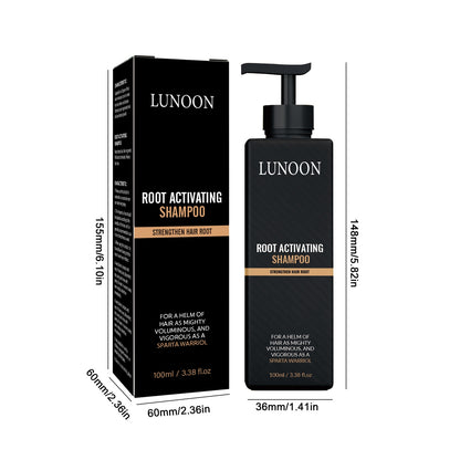 LUNOON Root Activating Shampoo bottle and packaging with dimensions on a white background