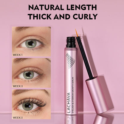 Eyelash serum with before-and-after effects on eyes on a pink background